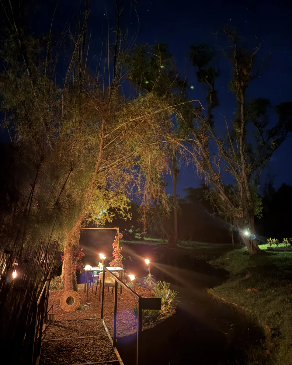 Sendero iluminado con antorchas hacia la mesa decorada de la Islita bajo las estrellas